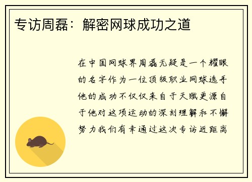 专访周磊:解密网球成功之道