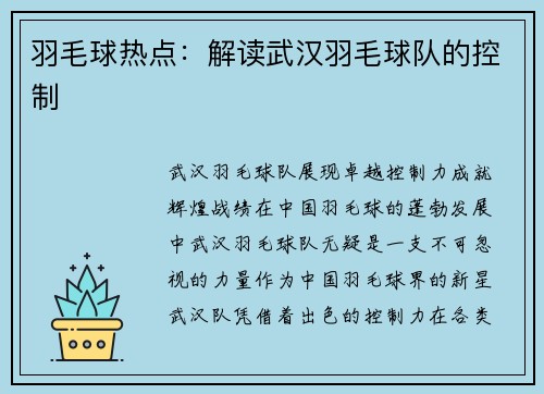 羽毛球热点:解读武汉羽毛球队的控制