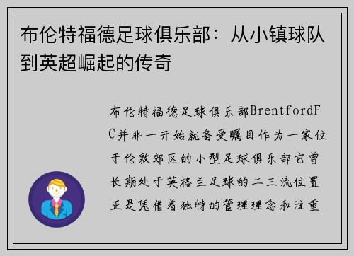 布伦特福德足球俱乐部:从小镇球队到英超崛起的传奇