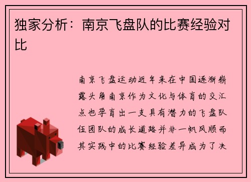 独家分析：南京飞盘队的比赛经验对比