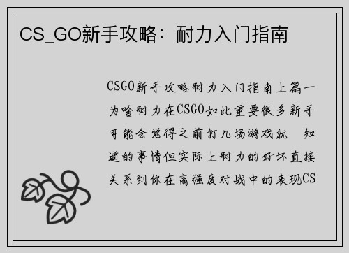 CS_GO新手攻略：耐力入门指南